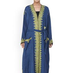 Exotic India Riverside-Blue Aari Hand-Embroidered Floral Vines Kashmiri Robe-56