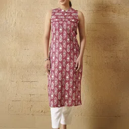 Anouk Geometric Printed Mandarin Collar Cotton Straight Kurta-12