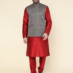W & G Mandarin Collar Straight Kurta with Churidar & Nehru Jacket-image-41