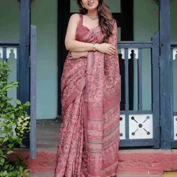 SGF11 Floral Printed Pure Linen Zari Saree-image-59