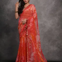 Mitera Abstract Printed Mirror Work Saree-13
