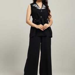 WoowZerz Embroidered V Neck Coat With Trousers Co-Ords Set-24