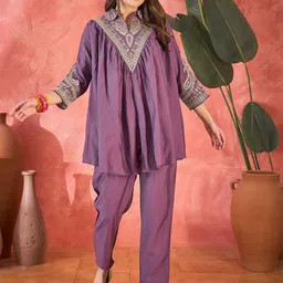 Sangria Floral Embellished Shirt Collar Tunic With Trouser Co-Ords-picture-11