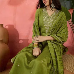 Sangria Zari Sequence Embroidered Straight Kurta & Trousers With Dupatta-18