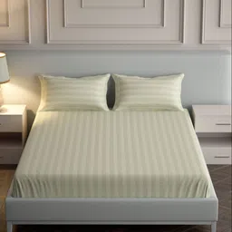 Mulberry Living Off White & Cream-Coloured Striped 300 TC Queen Bedsheet with 2 Pillow Covers-11
