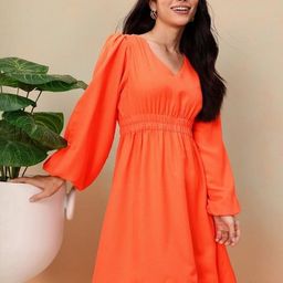 Madhuni Women Gathered Ruched Puff Sleeve Fit & Flare Dress-image-23