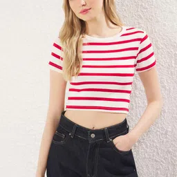 Trendyol Women Striped Round Neck Boxy Crop Top-image-93