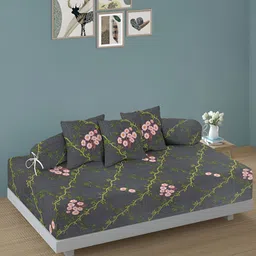 Arrabi Set Of 6 Grey & Green Printed TC Cotton Diwan Set-8
