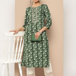 KSUT Abstract Printed Thread Work Round Neck Cotton Straight Kurta-17