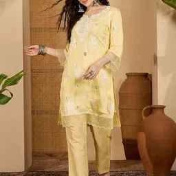 Sangria Chikankari Embroidered Schiffli Tunic With Trouser Co-Ords-picture-45