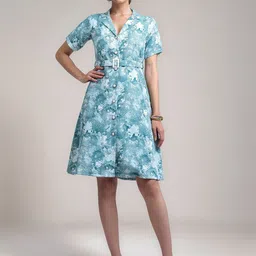 DressBerry Women Abstract Printed Shirt Collar A-Line Knee Length Dress-14