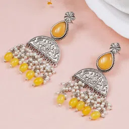 JEWILLEY Parnika Silver-Plated Artificial Stones Studded & Beaded Oxidised Drop Earrings-image-79