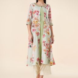 RANGMANCH BY PANTALOONS Floral Embroidered Zari Kurta With Trousers & Camisole-51
