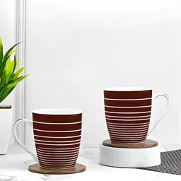 UPC White & Brown 2 Pieces Striped Printed Dishwasher Safe Ceramic Glossy Mugs-12