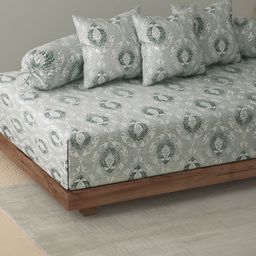 SWAYAM Set Of 6 Grey & White Printed Cotton Diwan Set image 2