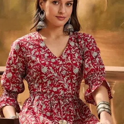 Sangria Women Floral Printed Cotton V-Neck Fit & Flare Knee-Length Dress-picture-19