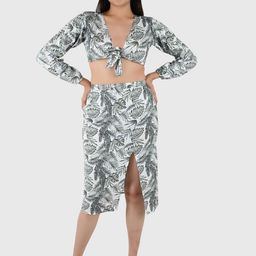 Blissence Floral Printed V Neck Crop Top With Skirt-image-77