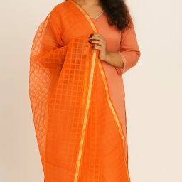 Cotton Blend Checkered Orange Women Dupatta-image-3