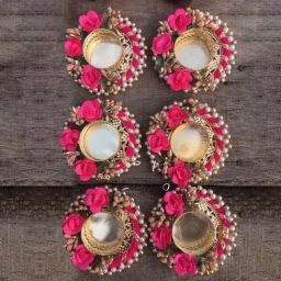 Decorative Tealight Candle Holders | Floral Rose Design Diya for Diwali, Wedding Wooden 6 - Cup Tealight Holder Set-image-63