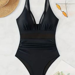 Plus Curvves Women V Neck Swim Bodysuit-46