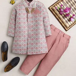 ahhaaaa Boys Floral Printed Regular Thread Work Dupion Silk Kurta with Pyjamas-image-66