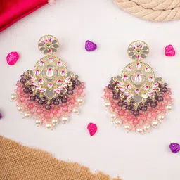 Crunchy Fashion Peach Gold Plated Kundan Studded & Pearls Beaded Party Ready Chandbali-image-91