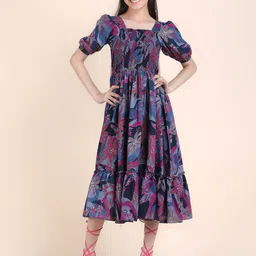 STARWORD Girls Floral Printed Puff Sleeve Cotton Fit & Flare Midi Dress-48