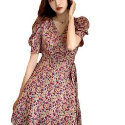 Outzidr Women Purple Floral Wrap Knee Length Dress-picture-44