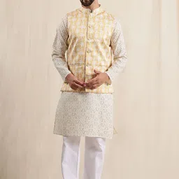 Anouk Geometric Printed Straight Kurta With Pyjamas & Nehru Jacket-image-2