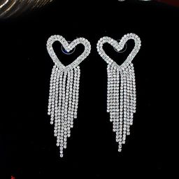 StyleCast Silver-Plated Rhinestone Studded Tasselled Heart Shaped Drop Earrings-image-7