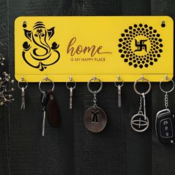 Webelkart Yellow & Brown Happy Place Wooden Key Holder-image-59