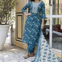 EthniFlair Women Floral Embroidered Regular Pure Cotton Kurta with Patiala & With Dupatta-picture-58