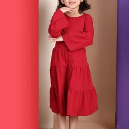 Baawri Girls Solid Round Neck Bell Sleeve Fit & Flare Midi Dress-11