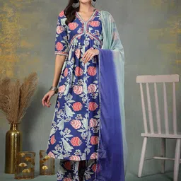 Stylum Floral Printed V-Neck A-Line Mirror Work Kurta With Palazzos And Dupatta-31