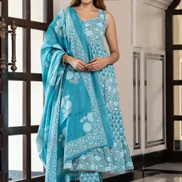 KALINI Floral Printed Gotta Patti Pure Cotton Anarkali Kurta With Trousers & Dupatta-picture-34