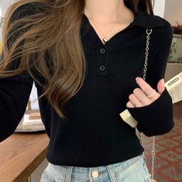 Black Solid Shirt Collar Top-image-56