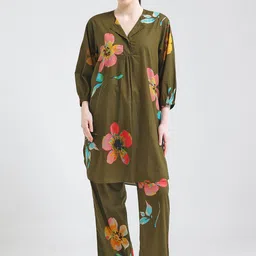 I like me Olive Floral Printed Cotton Tunic With Trousers-52