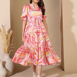 ZUMMER Print Puff Sleeve Satin Fit & Flare Midi Dress-image-56