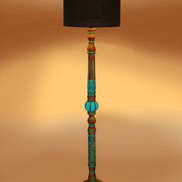 Devansh Black & Turquoise Blue Cylindrical Shaped Traditional Wooden Floor Lamp-9