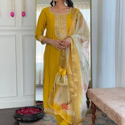 HERE&NOW Women Mustard Ethnic Motifs Embroidered Chanderi Silk Kurta Set-picture-49
