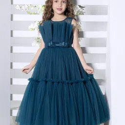 Ministitch Girls Teal Round Neck Sleeveless Net Maxi Dress-image-20