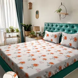 Arrabi Cream & Red Floral Printed 310 TC Super King Fitted Bedsheet Set 2.7 m x 2.6 m-image-65