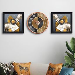 RANDOM Grey & Yellow 3 Pieces Printed Contemporary Wall Clock & Wall Art-image-90