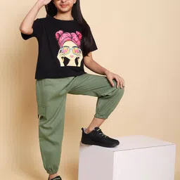 HERE&NOW Girls Printed Short Sleeves Pure Cotton T-shirt With Joggers-picture-7