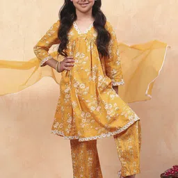 Biba Girls Floral Printed Regular Pure Cotton Kurta with Palazzos & With Dupatta-image-63