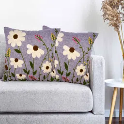 Vinayaka Fab Grey And Cream 2 Pieces Floral Embroidered Linen Square Cushion Covers-picture-31