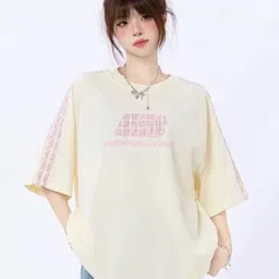 KPOP Women Typography Printed Round Neck Pure Cotton Oversized T-shirt-picture-40