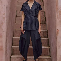 HOUSE OF FETT Striped Laple Collar Linen Top With Trouser-image-75