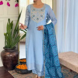 KALINI Women Ethnic Motifs Embroidered Regular Thread Work Kurta with Trousers & With Dupatta image 3
