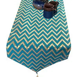 Pink Parrot Blue Geometric Jacquard Silk Table Runner With Tassels-37